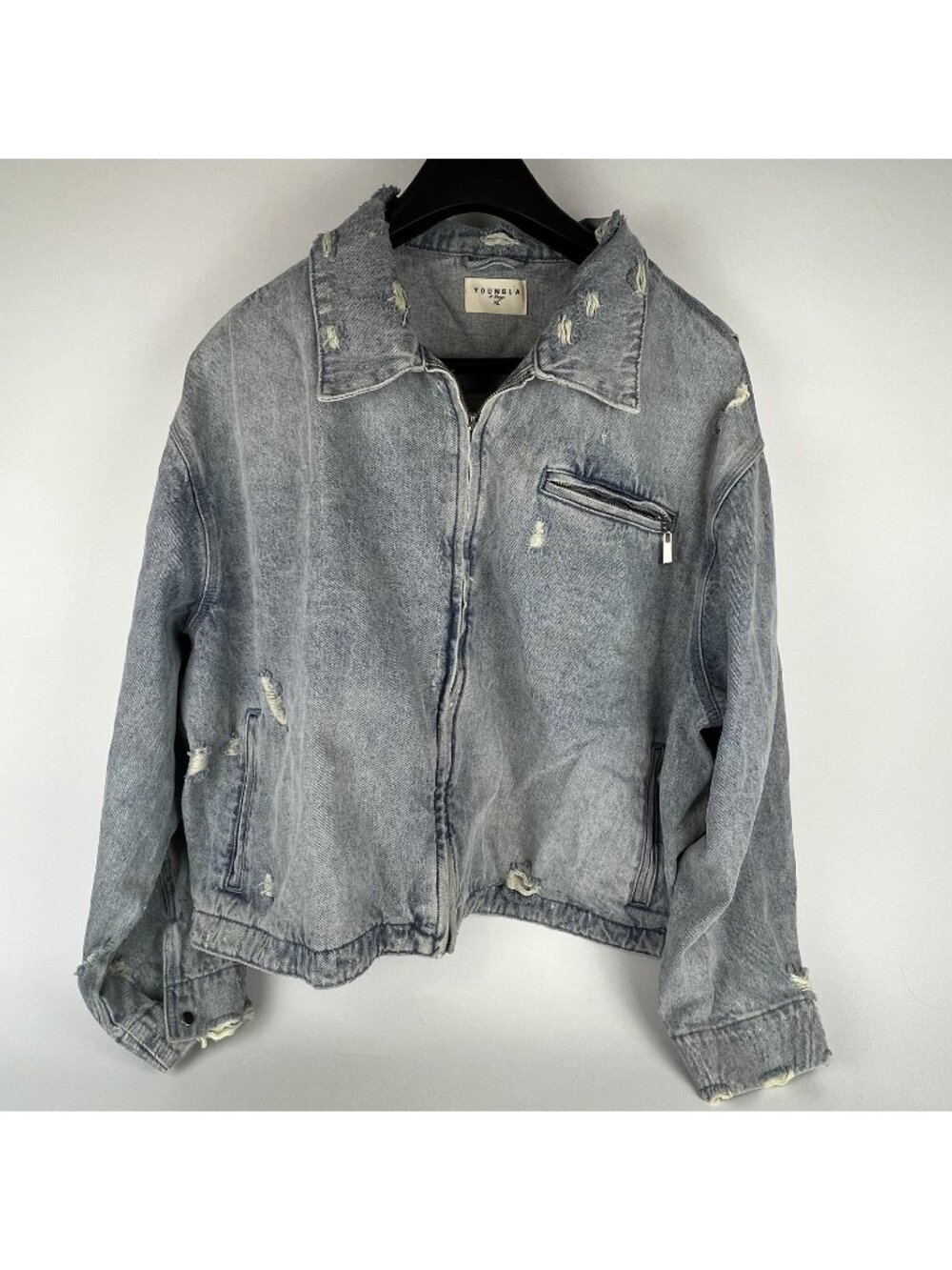 YoungLA Distressed Vintage Blue Denim Biker Jacket Men’s XL Zip Pockets